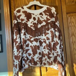 Brown and White Cowprint Fringe Women's Blouse